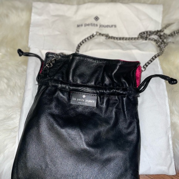 - Les petits Joueurs satin pink & black leather versatile reservesble bag $150 - Picture 4 of 4